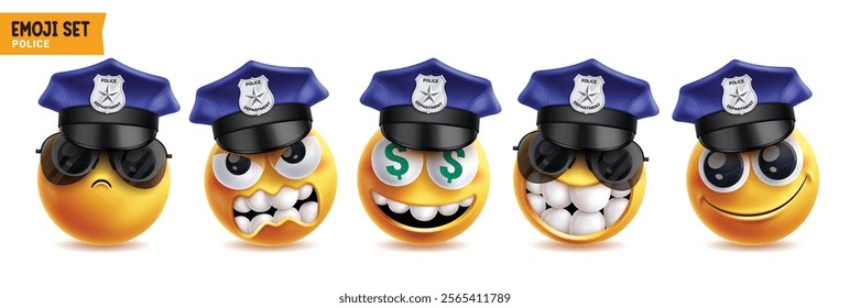 Police officer emoji vector characters set. 3d emojis policeman character wearing cap elements with facial expressions in serious, angry, rich, funny and cute smile yellow icon clip art collection. 