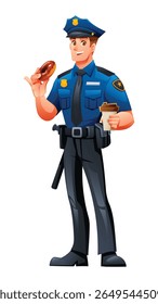 Police officer enjoying donut and coffee with happy expression. Vector cartoon character illustration