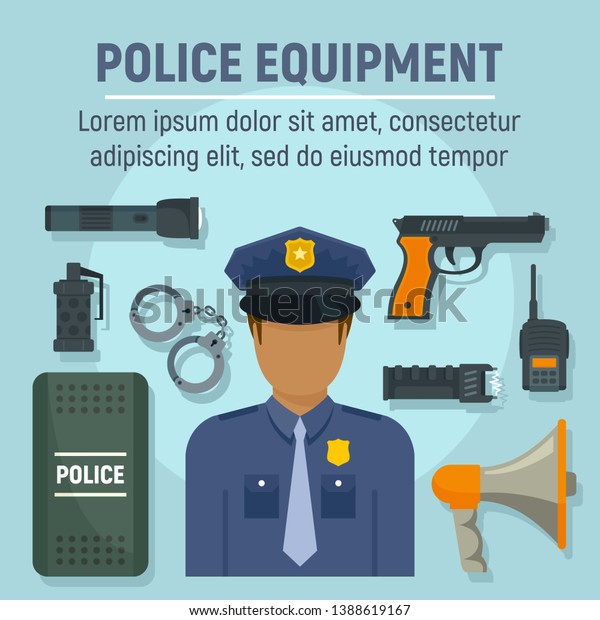 Police officer equipment concept background. Flat\
illustration of police officer equipment vector concept background\
for web design
