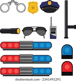 Police officer and police equipment vector. Police Elements. flashing light and red blue safety sirens vector illustration