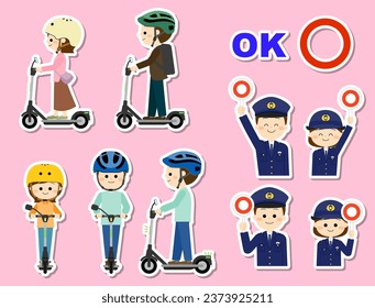 A police officer explains how to ride an electric scooter safely and holds a sign.