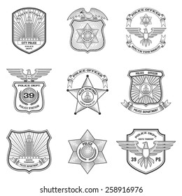 Police officer federal cop department emblems black set isolated vector illustration