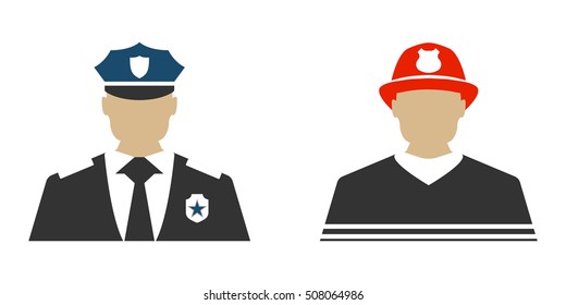 Police officer and Firefighter flat icon. Protect and Serve label. Vector Illustration.