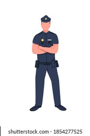 Police officer flat color vector faceless character. Legal enforcement. Security guard. Cop in uniform with arms crossed isolated cartoon illustration for web graphic design and animation