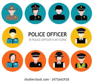 Police officer flat icons set with various uniforms.