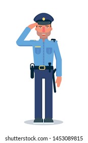 Police officer flat vector character. Young male cop in professional uniform on white background. Policeman, patrolman isolated clipart. Enforcement service worker cartoon illustration