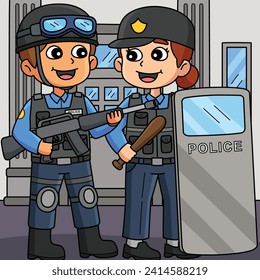 Police Officer in Full Gear Colored Cartoon 