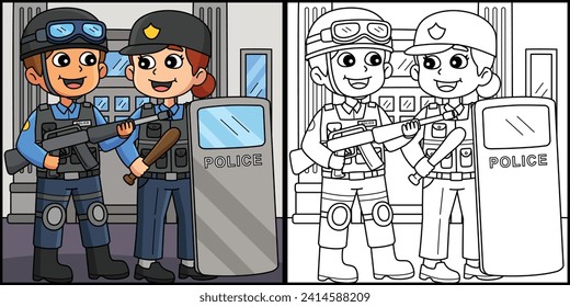 Police Officer in Full Gear Coloring Illustration