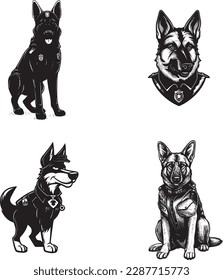 Police officer german shepard full body, cartoon simple sports logo graphic, black on white background