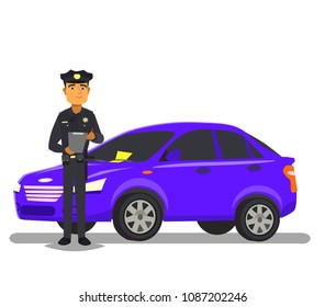 Police officer giving a ticket fine for parking violation.Vector illustration in flat style.