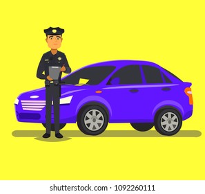 Police officer giving a ticket fine for parking violation.Vector illustration in flat style.