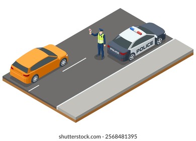 A police officer halts an orange car for a routine road check. A police car is parked nearby on a paved road. Isometric vector artwork