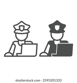 Police officer with hat and laptop line and solid icon, law and order concept. Vector graphics. Policeman with computer database sign on white background, outline style icon for mobile or web design