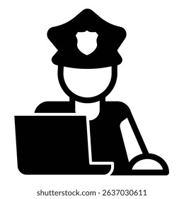 Police officer with hat and laptop solid icon, law and order concept. Vector graphics. Policeman with computer database sign on white background, style mobile or design