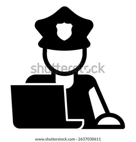 Police officer with hat and laptop solid icon, law and order concept. Vector graphics. Policeman with computer database sign on white background, style mobile or design