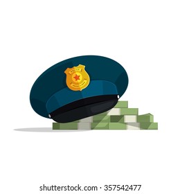 Police officer hat vector illustration, flock pile of cash, cop cap, concept of security service, bribe police, evidence, solved crime, solving, corruption inquiry flat modern design isolated on white