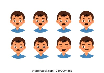 Police officer heads set. Man with moustache in uniform. Pack of characters with various feelings. Design elements for creating animations. Sheriff and officer. Flat vector collection