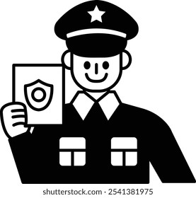 Um policial segurando um crachá e um pedaço de papel. O policial está sorrindo e está feliz