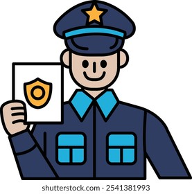 Um policial segurando um crachá e um pedaço de papel. O policial está sorrindo e está feliz