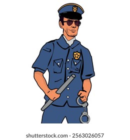 police officer holding baton and handcuffs, vintage style vector illustration. white isolated background.