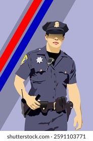 Police officer holding baton and radio, standing in front of red and blue stripes. Hand drawn Illustration