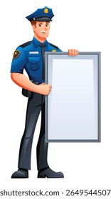 Police officer holding a blank vertical white sign, perfect for announcements or public notices. Vector cartoon character illustration