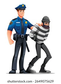 Police officer holding a detained robber, symbolizing law and order being upheld. Vector cartoon character illustration