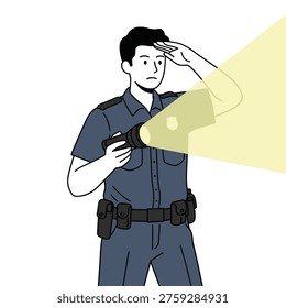 Police officer holding a flashlight and looking ahead, flat vector illustration of night patrol or search.