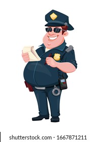 Police officer holding notepad and pencil. Cheerful cartoon character. Vector illustration isolated on white background