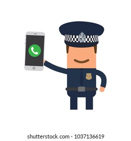 Police officer holding a smartphone, vector illustration design. Police collection.