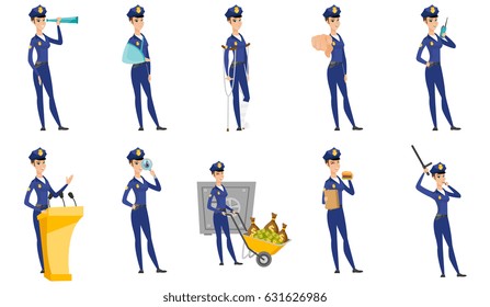 Police officer holding a spyglass. Police officer looking through the spyglass. Police officer monitoring safety with spyglass. Set of vector flat design illustrations isolated on white background.