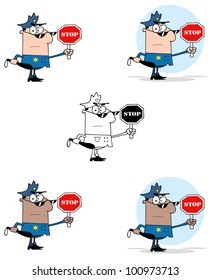 Police Officer Holding A Stop Sign And Club. Vector Collection