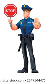 Police officer holding a stop sign and showing a stop gesture. Vector cartoon character illustration