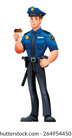 Policial segurando uma xícara de café take-away, tendo um momento para relaxar durante seu turno. Ilustração de personagem de desenho animado vetorial
