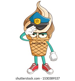 Police officer of ice cream waffle cone cartoon character with funny expression