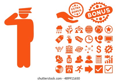 Police Officer icon with bonus pictograph collection. Vector illustration style is flat iconic symbols, orange color, white background.