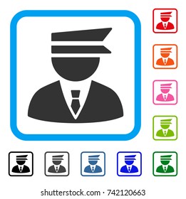 Police Officer icon. Flat grey pictogram symbol in a light blue rounded frame. Black, gray, green, blue, red, orange color additional versions of Police Officer vector.