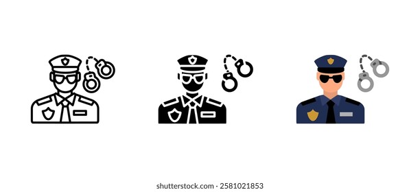 Police officer icon. Law enforcement sign. Security and justice symbol. Officer with handcuffs pictogram. Crime prevention and public safety illustration.