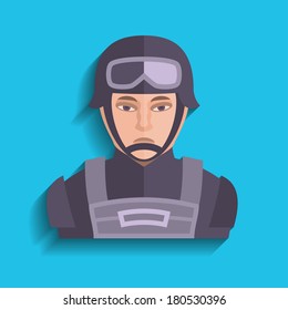 Police officer icon. Man in combat uniform. Flat style. Stylish colors. Vector eps 10.