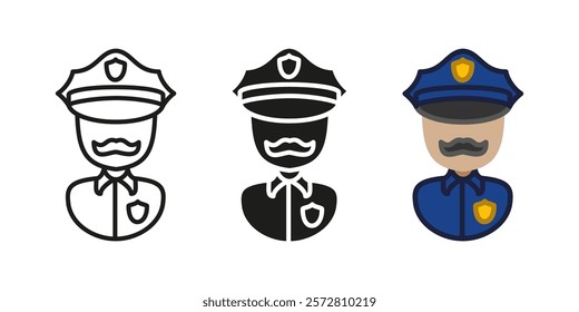 Police officer icon. Policeman character vector illustration. Sheriff uniform symbol. Cop avatar. Detective man sign. Police department security guard profession. Police officer with hat and mustache.