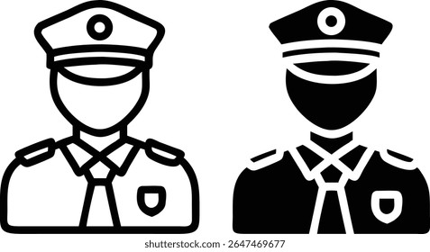 Conjunto de Ícones de Policial - Ilustração de Vetor de Símbolo Uniforme de Lei em Preto e Branco