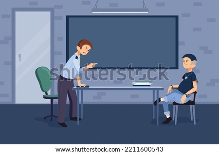 A police officer interrogates a suspect in the interrogation room. The policeman finds out the details of the case from the prisoner. A crime. Young man in handcuffs. Police station. Dark room.