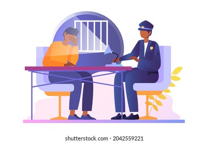 Police officer interrogates suspect. Man in uniform directs light into criminal and asks him questions. Work of law enforcement agencies. Cartoon flat vector illustration isolated on white background