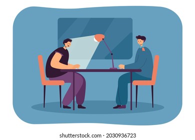 Police Officer Interrogating Criminal In Dark Room. Flat Vector Illustration. Suspect Sitting At Table Under Light Of Lamp With One-way Mirror In Background. Crime, Psychology, Law Violation Concept