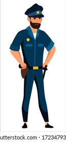 Police officer isolated person. Angry man in uniform standing in front view. Profession, job at police station, life protection, law enforcement, crime investigation. Vector character illustration