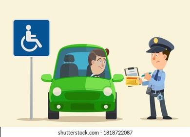 Un oficial de policía emite un multa al conductor para estacionar en un estacionamiento para discapacitados. El auto está estacionado ilegalmente. Ilustración vectorial, diseño plano, estilo de dibujos animados, fondo aislado.