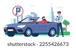 Police officer issues ticket to driver for illegal parking. Transport traffic rules violation. Prohibited road sign. Automobile stop regulation penalty. City