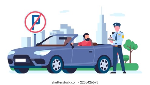 Police officer issues ticket to driver for illegal parking. Transport traffic rules violation. Prohibited road sign. Automobile stop regulation penalty. City