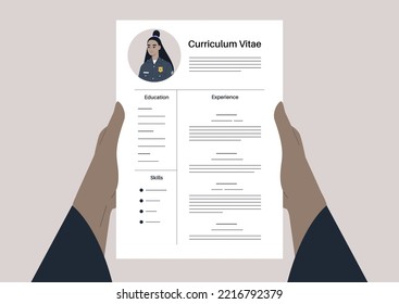 A police officer job application, a CV template, a young character wearing a uniform
