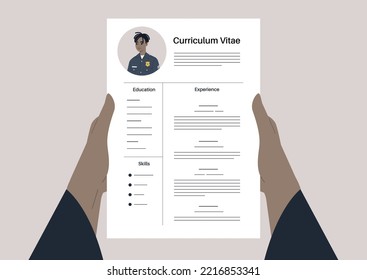 A police officer job application, a CV template, a young character wearing a uniform
